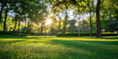 Lush Green Lawn Under Gentle Sunlight, Capturing the Essence of a Tranquil Summer Day in the Parkの素材