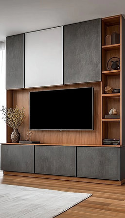 Elegant modern living room with custom cabinetry, stylish decor, and spacious ambiance for comfort.の素材