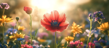 Vivid Red Petals of Wildflowers Blooming in a Serene Meadow Under Bright Sunlight with Soft Blurの素材