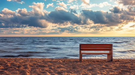 Tranquil Beach Scene with Wooden Bench Overlooking the Ocean Under a Dramatic Sunset Skyの素材