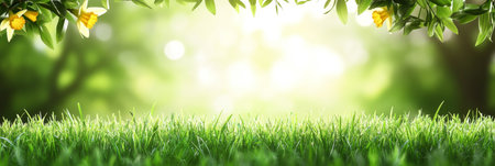 Vibrant Springtime Meadow Filled with Daffodils and Lush Green Grass Under a Bright Sunny Skyの素材