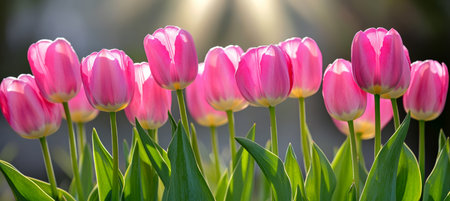 Spring Awakening Vibrant Pink Tulips Dancing in Sunlight, Nature s Floral Symphony Unfoldsの素材