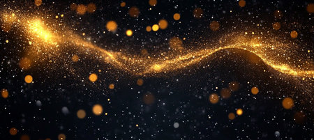 Golden Particles Dancing in the Dark, Ethereal Light Flow with Amber Dots and Sparks on Groundの素材