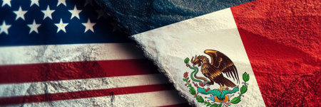 United States and Mexican Flags Together Symbolizing Friendship and Cooperation Between Nationsの素材