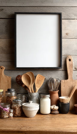 Rustic Kitchen Still Life Framed Poster Mockup Featuring Wooden Wall, Jars, and Kitchen Utensilsの素材