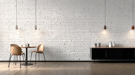 Charming Minimalist Dining Area with White Brick Wall, Elegant Dining Set, and Cozy Ambianceの素材