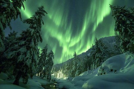 Stunning Emerald Northern Lights Dance Gracefully Above a Snow-Covered Winter Forest Landscapeの素材