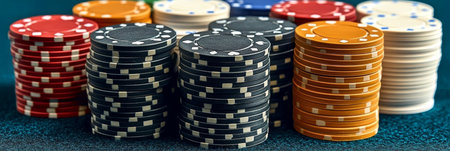 Assortment of Colorful Poker Chips Stacked on a Casino Table Representing Wealth and Recreationの素材