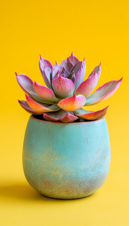 Charming Echeveria Succulent with Purple and Green Hues in a Colorful Aqua Pot on a Yellow Backの素材