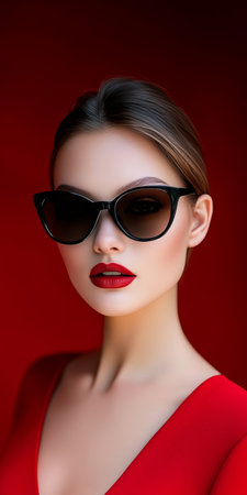 Glamorous model in chic sunglasses and red lips, elegantly posed against a scarlet backdrop.の素材