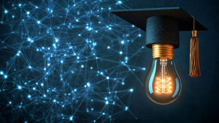 Graduation Cap on Light Bulb Symbolizing Knowledge, Innovation, and the Future of Educationの素材