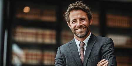 Confident Businessman or Lawyer Smiling at Camera in Modern Office with Copy Space Availableの素材