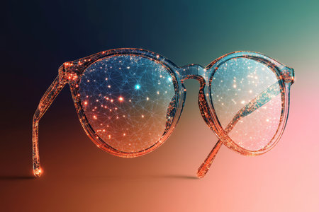 Abstract eyewear with a digital frame and plexus lens network featuring connected dots design.の素材