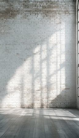 Bright Room with Exposed White Brick Walls, Dramatic Light and Shadow Play from Window Framesの素材