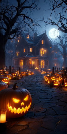Spooky Halloween Night Scene with Glowing Pumpkins, Haunted House, and Eerie Graveyard Atmosphereの素材