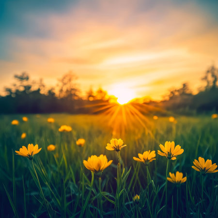 Stunning golden hour landscape featuring vibrant yellow flowers and lush green grass at sunsetの素材
