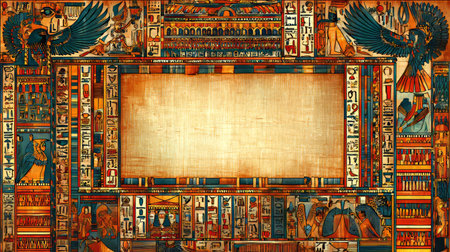 Elegant Egyptian Parchment Vintage Canvas with Pharaoh Decorations and Bird Design for Wall Artの素材
