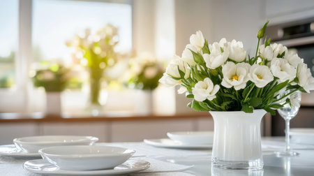 Elegant Table Setting Featuring Serene White Blossoms in a Modern Flower Arrangement for Diningの素材