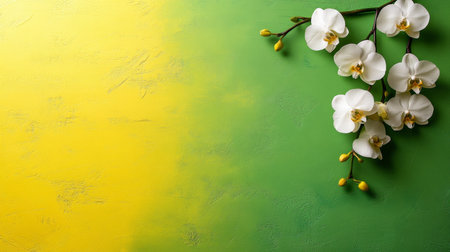Elegant Display of Stunning Phalaenopsis Flowers on Yellow and Green Gradient Background for Textの素材