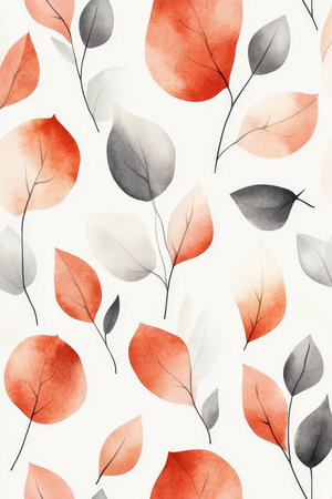 Soft Coral and Gray Hand Drawn Plants and Leaves in Watercolor Style for Dreamlike Backgroundsの素材