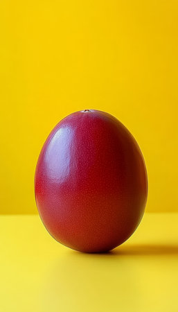 A single ripe cranberry resting on a smooth wooden surface with a warm amber background color.の素材