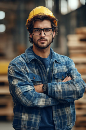 Confident Carpenter in Hard Hat with Arms Crossed, Showcasing Expertise in Industrial Settingの素材