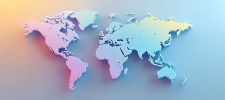 A Beautiful Pastel Palette World Map Design Featuring Detailed Continents in 3D Representationの素材
