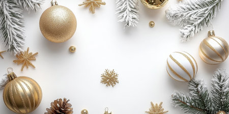Elegant Christmas Decor Featuring Gold Baubles on a White Surface Surrounded by Snowy Branches.の素材