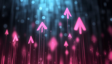 Optimistic Trends and Direction with Neon Glow Arrows and Abstract Motivational Design Elementsの素材