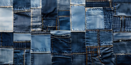 Artisanal Blue Denim Patchwork Canvas with Unique Textures and Upcycling Concepts for Visual Appealの素材