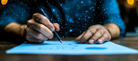 Creative Inspiration and Writing Magic Concept Hand Holding Pen Over Paper with Ideas Flowingの素材