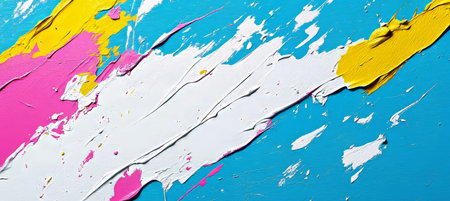 Vibrant Abstract Art Featuring Bold Pink, Yellow, and White Paint Strokes on Bright Blue Canvasの素材