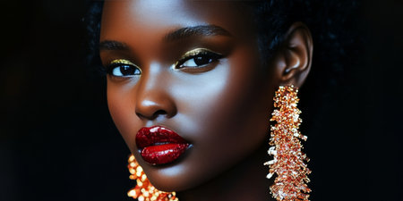 Glamorous portrait of a stunning African model with golden eyeshadow and red lipstick.の素材