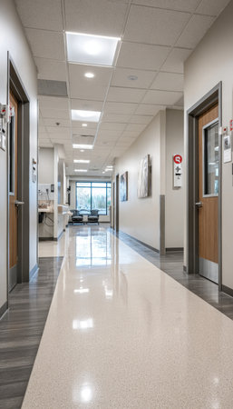 Bright and Serene Hospital Hallway Featuring Modern Healthcare Design Elements for Patient Wellnessの素材