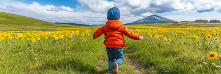 A Young Boy Joyfully Running Through a Vibrant Field of Sunflowers on a Sunny Summer Day Outdoorsの素材