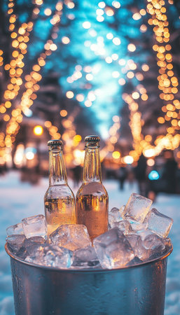 Chilled Beer in Ice Bucket with Soft Lighting and Festive Background for Outdoor Celebrationsの素材