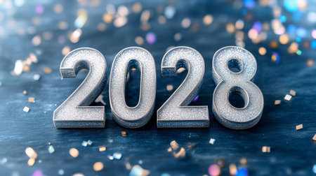 Metallic Silver 2028 Numerals on Dark Slate with Colorful Sparkles for New Year Celebrationの素材