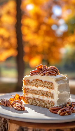 Deliciously Layered Pecan Cake with Frosting, Perfectly Styled for Fall Dessert Photography Displayの素材