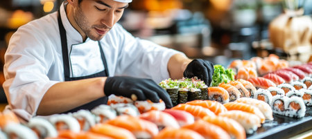 Sushi Chef Skillfully Crafting Fresh Sushi Rolls at a Busy Japanese Restaurant Kitchen Settingの素材