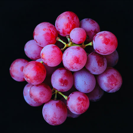 Luminous Crimson Wine Grapes Against Dramatic Black Fabric, Isolated Fruit Still Life Compositionの素材