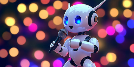 A charming robot singing into a classic microphone on a vibrant stage, radiating joy and energy.の素材