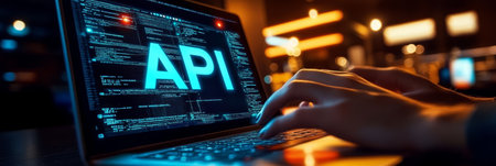 Developer Typing on Laptop, Using API for Software Development and Creating Innovative Techの素材