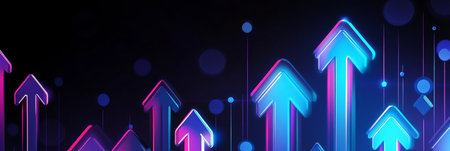 Technological Advancement Depicted with Ascending Shiny Arrows on a Dark Blue Abstract Backgroundの素材