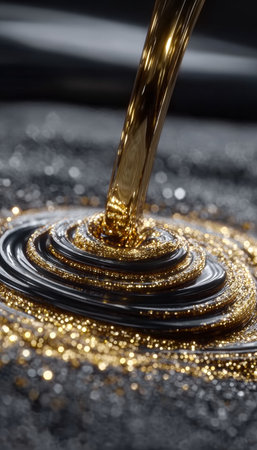Liquid Metal Streaming to Abstract Surface with High Gloss, Metallic Sheen, and Golden Sparklesの素材