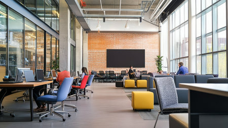 Bright Modern Office Meeting Space with Natural Elements and Glass Facade for Collaborationの素材