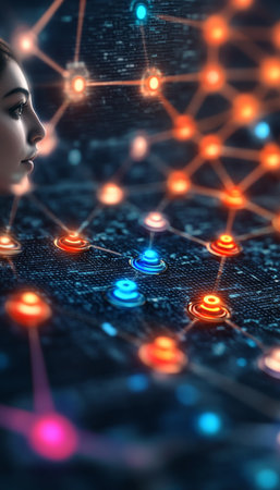 Female IT Specialist Engaged in Digital Connectivity with Data Network Visualizationsの素材