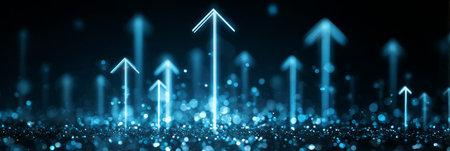 Futuristic Data Visualization Featuring Glowing Arrows Indicating Technology Trends and Progressの素材