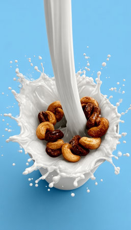 Nutritious Breakfast Idea Featuring Cashews, Dairy Goodness, and Fresh Milk for Healthy Livingの素材