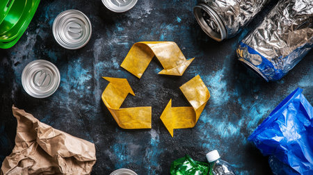 Recycling Concept Symbolizing Waste Items Like Cans, Paper, and Foil for Sustainable Practicesの素材