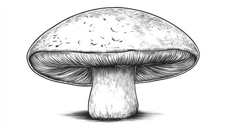 Intricate Black and White Drawing of Edible Agaric Mushroom for Creative Coloring Book Projectsの素材